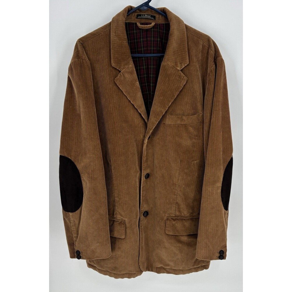 LL Bean Corduroy Sport Coat Blazer Mens 46 Tall Brown Plaid Lined Elbow Patch